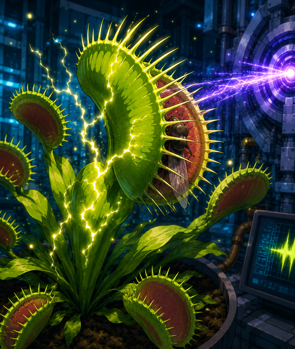 Illustration inspirée d’un anime représentant une Dionée attrape-mouches réagissant à des signaux électriques dans un laboratoire futuriste.